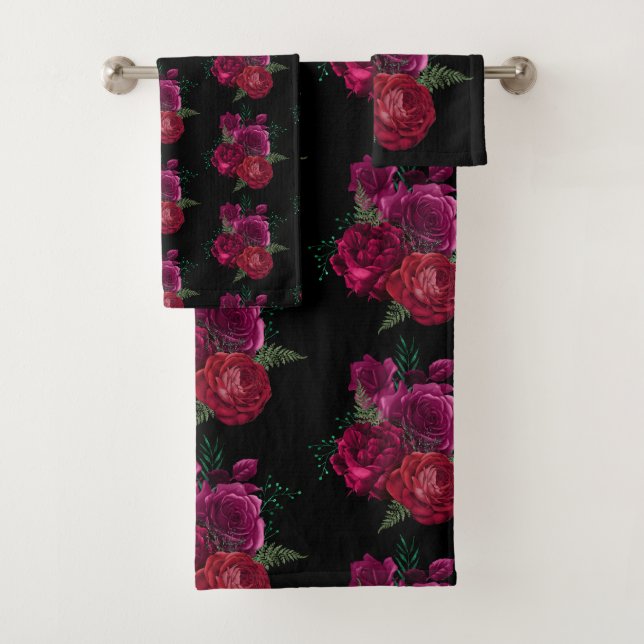 Elegante Magenta Rose Floral Bouquet Badhandtuch Set (Insitu)