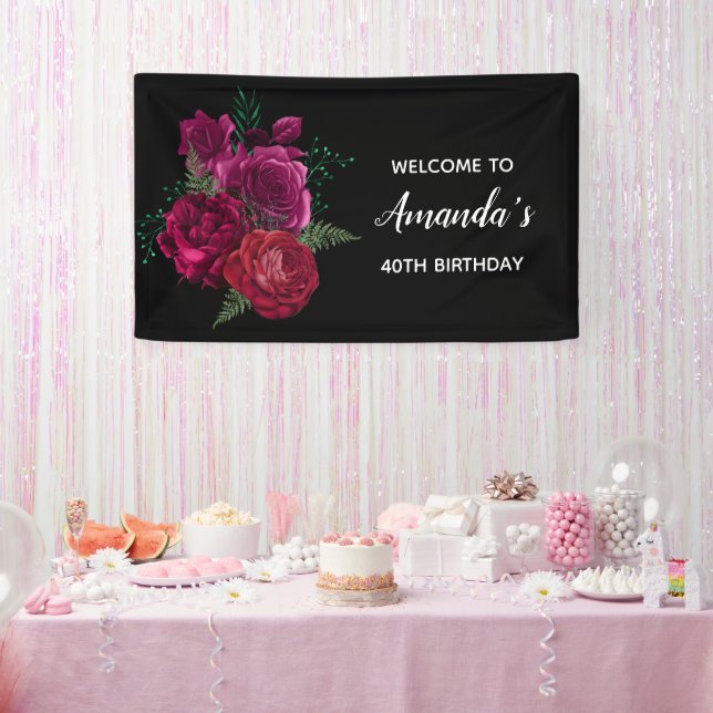 Elegante Magenta Rose Floral Bouquet Geburtstag Banner (Party)