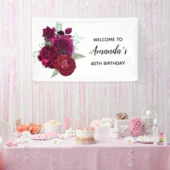 Elegante Magenta Rose Floral Bouquet Geburtstag Banner (Party)