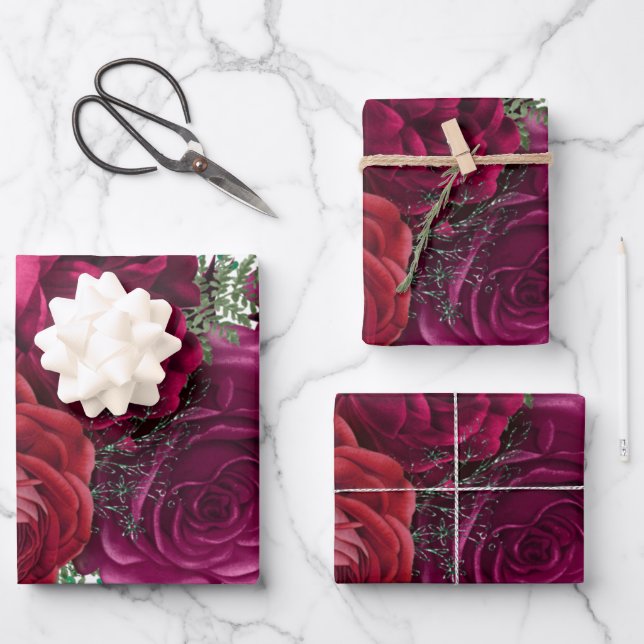 Elegante Magenta Rose Floral Bouquet Geschenkpapier Set (Vorderseite)