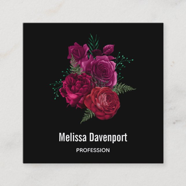 Elegante Magenta Rose Floral Bouquet Quadratische Visitenkarte (Vorderseite)