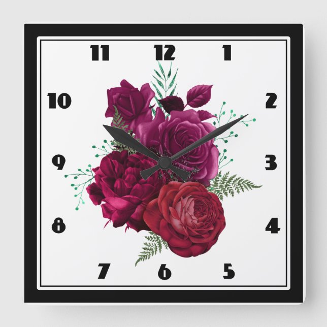 Elegante Magenta Rose Floral Bouquet Quadratische Wanduhr (Vorderseite)