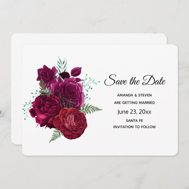Elegante Magenta Rose Floral Bouquet Save The Date (Vorne/Hinten)