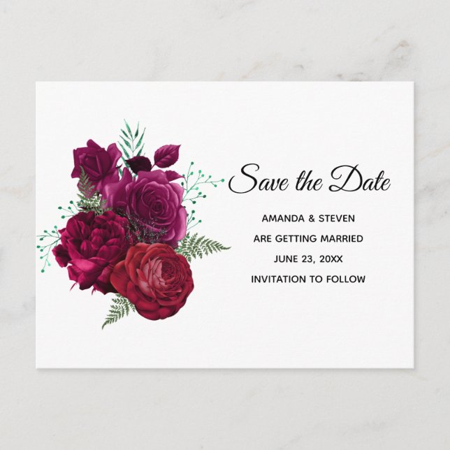 Elegante Magenta Rose Floral Bouquet Save the Date Einladungspostkarte (Vorderseite)