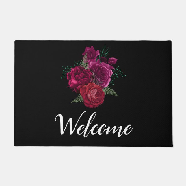 Elegante Magenta Rose Floral Bouquet Willkommen Fußmatte (Vorderseite)