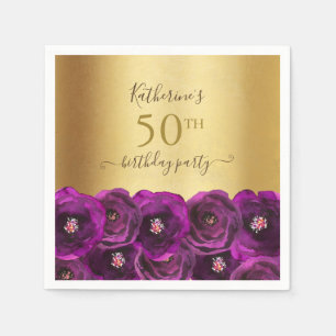 Elegante Magenta-Rosen-Blumen-Goldene 50. Geburtst Serviette