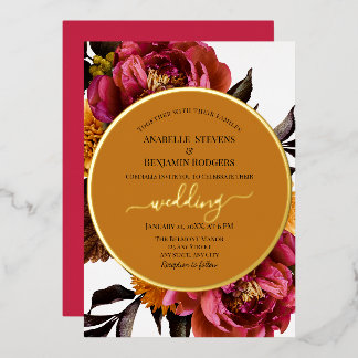 Elegante Magenta und Gold Peonies Blumenhochzeit Folieneinladung