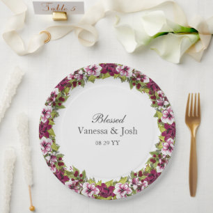 Elegante Magenta White Florals und Grüne Botanical Pappteller