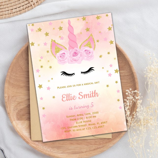 Elegante Magical Girl Party Card mit Blumendesign Einladung (Rose Pink Unicorn Birthday Invitations)