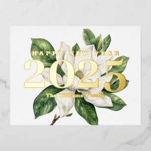 Elegante Magnolia Blume Frohes Neues Jahr 2025 Gol Folien Feiertagspostkarte