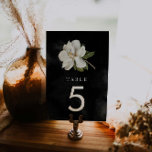 Elegante Magnolia Schwarz-Weiß-Hochzeit Tischnummer<br><div class="desc">Machen Sie mit unseren eleganten Hochzeitsschildern eine anspruchsvolle Erklärung zu Ihrem besonderen Tag. Diese Schilder werden Ihrer Hochzeitsdekoration eine glamouröse Touch verleihen. Die Tischnummern mit weißer Magnolie auf schwarzem Aquarell sorgen für eine raffinierte und stilvolle Atmosphäre. Entsprechende Artikel in unserem Shop Cava Party Design</div>