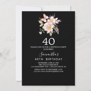 Elegante Magnolie 40. Geburtstag in Schwarz-Weis Einladung