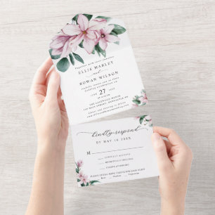 Elegante Magnolie Florals Moderne Schrift Hochzeit All In One Einladung