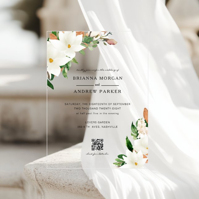 Elegante Magnolie mit QR-Code Hochzeit Acryleinladungen (Elegant Floral Magnolia QR Code Wedding Acrylic Invitations)