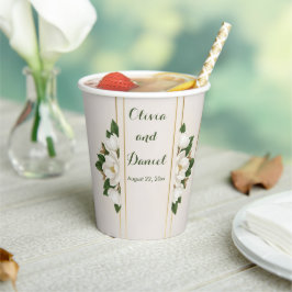 Elegante Magnolie und goldene Rahmenhochzeit Pappbecher