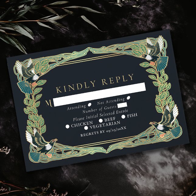 Elegante Magpie Art Nouveau Wedding RSVP (Von Creator hochgeladen)