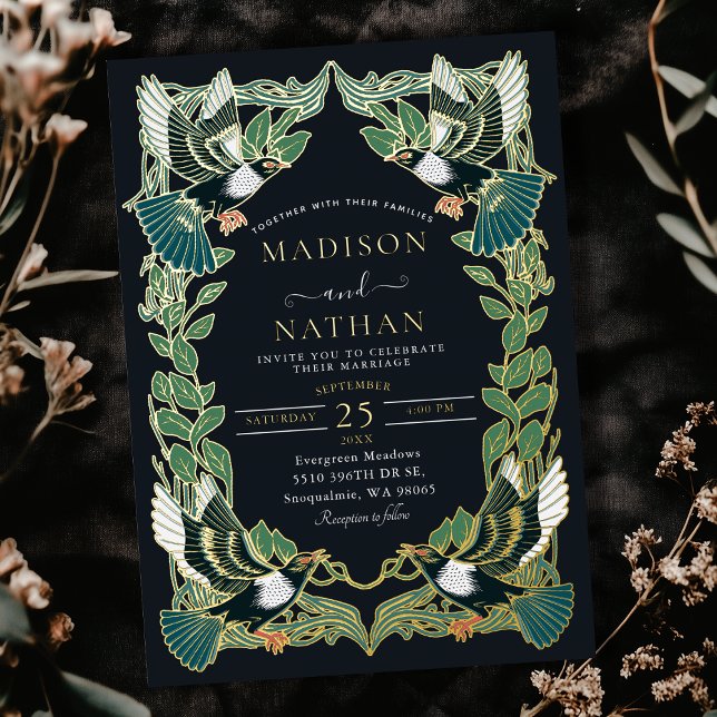 Elegante Magpie Jugendstil Hochzeit Folieneinladung (Von Creator hochgeladen)