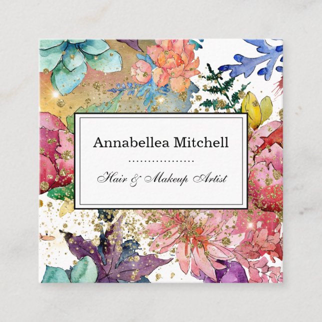 Elegante Makeup Artist Salon Blume Glitzer Quadratische Visitenkarte (Vorderseite)