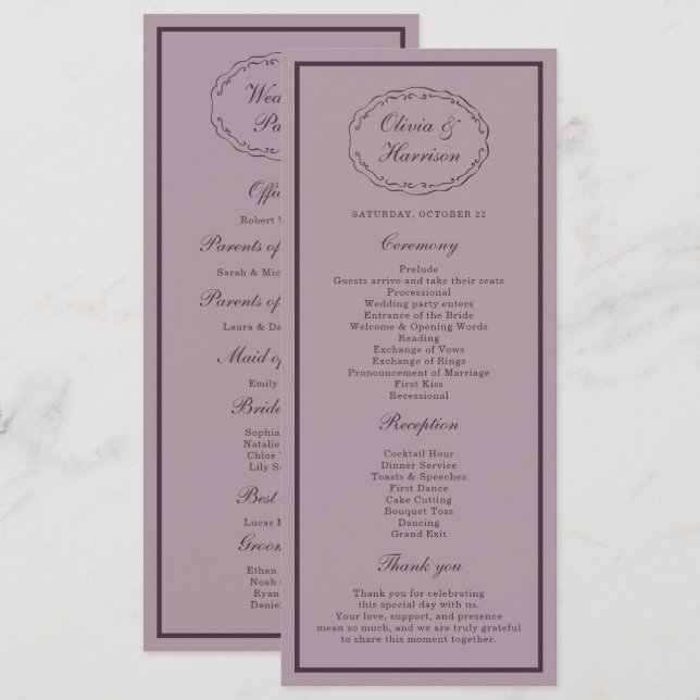 Elegante Malven-Pflaume-Hochzeitsprogrammkarte Einladung (Vorne/Hinten)