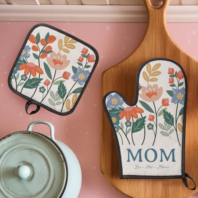 Elegante Mama Floral Blume Personalisiert Ofenhandschuh & Topflappen-Set (Elegant Mom Floral Flowers Personalized Oven Mitt & Pot Holder Set)