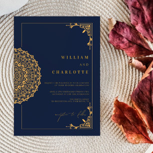 Elegante Mandala Navy und Gold Wedding Einladung