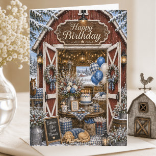 Elegante Märchenbuch-Land-Bauernhaus-Winter-Geburt Karte