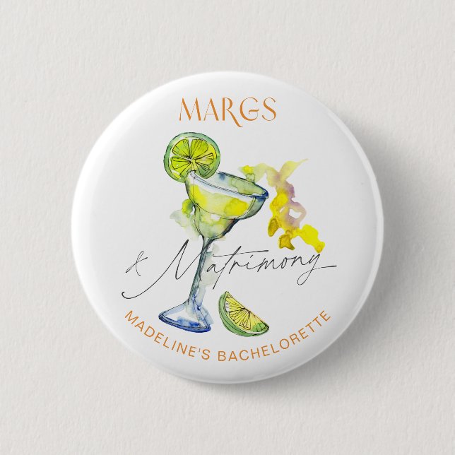 Elegante Margs & Matrimony Bachelorette Weekend Button (Vorderseite)