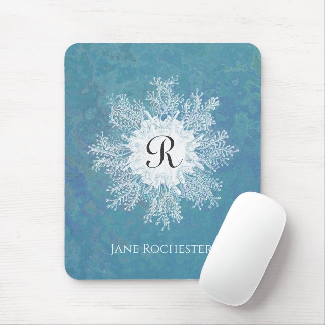 Elegante Marine Coral Blue Green Coral Monogram Mousepad (Mit Mouse)