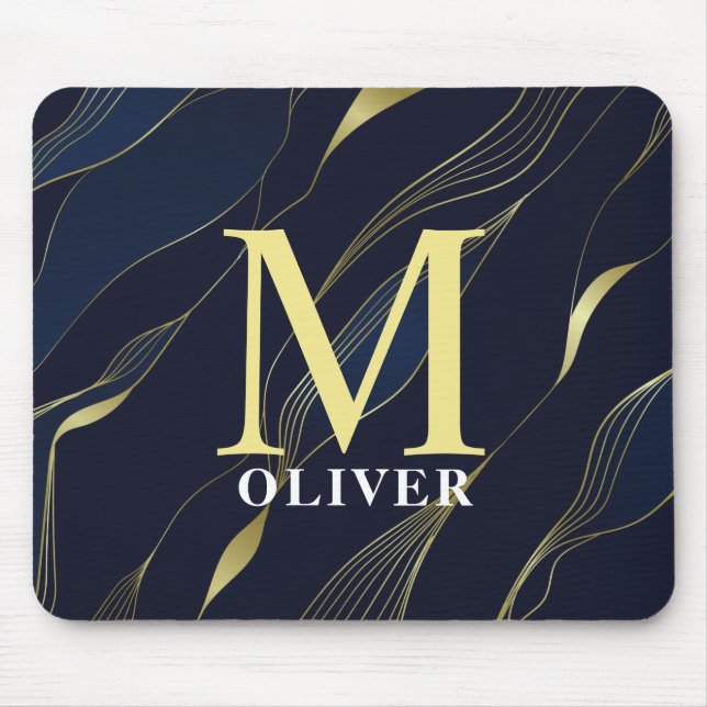 Elegante Marine & Gold Men Monogram Mousepad (Vorne)