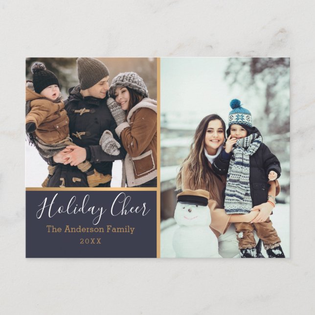 Elegante Marine Holiday Cheer Foto Collage Gold Postkarte (Vorderseite)