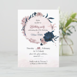 elegante Marine & Rosa Blume Geburtstag Einladung