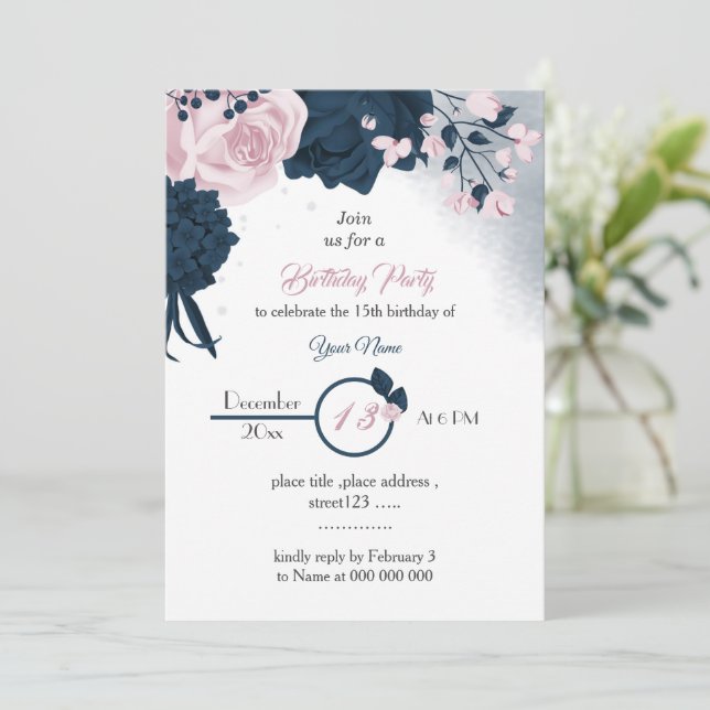 elegante Marine & Rosa Blume Geburtstag Einladung (Stehend Vorderseite)