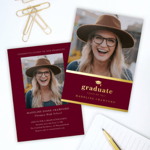Elegante marine-rote und goldene Foto-Abschlussfei Folieneinladung