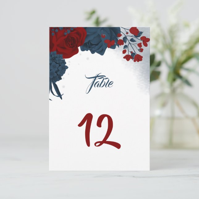 Elegante Marine und rote Blume Tischnummer (Stehend Vorderseite)