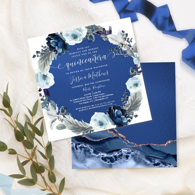 Elegante Marine und Royal Blue Quinceñera, Blumen Einladung (Von Creator hochgeladen)
