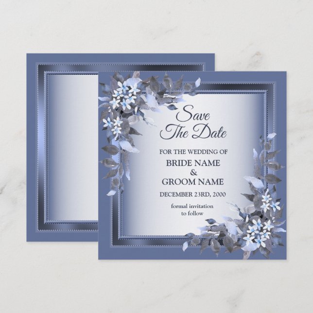 Elegante marineblaue florale gerahmte silberne Hoc Save The Date (Vorne/Hinten)