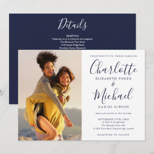 Elegante, marineblaue Schrift Hochzeitsfoto All In Einladung