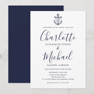 Elegante marineblaue Schrift Nautilus-Anker-Hochze Einladung
