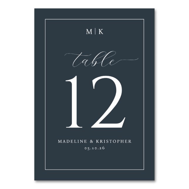 Elegante marineblaue typografische Tischnummer (Vorderseite)