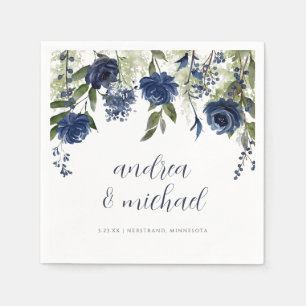 Elegante marineblaue Wildblumen Hochzeit Serviette