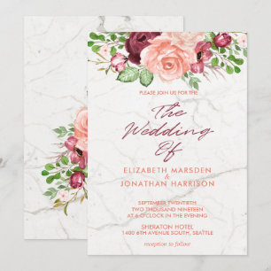 Elegante Marmor-Burgunder-Mauve-Pfirsich-Hochzeit Einladung