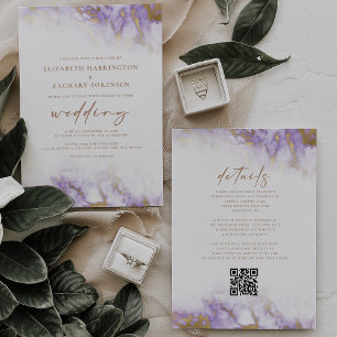 Elegante Marmor-Lavendel-Gold-QR-Code-Hochzeit Einladung