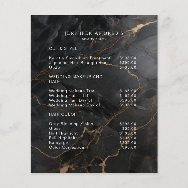 Elegante Marmor Schwarz-Gold-Salon-QR-Code-Preisli Flyer (Vorne)