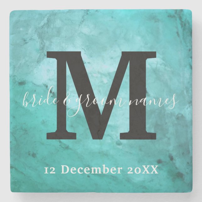 Elegante Marmor Schwarz-Weiß-Monogramm-Hochzeit Steinuntersetzer (Vorderseite)