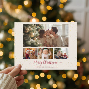 Elegante Marmor-Weihnachtskarte mit 4 Fotos Feiertagspostkarte