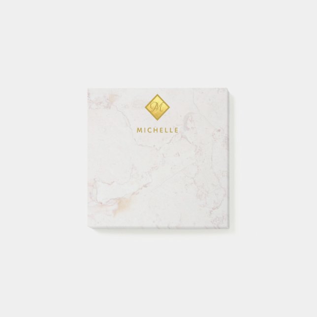 Elegante Marmorgoldmonogramm Goldener Name Weiß Post-it Klebezettel (Vorderseite)
