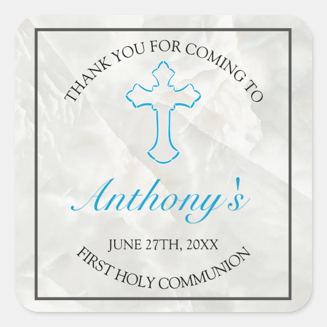 Elegante Marmorjungen Erste Heilige Kommunion Dank Quadratischer Aufkleber (Vorderseite)