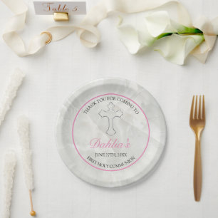 Elegante Marmormädchen Rosa Erste Heilige Kommune Pappteller