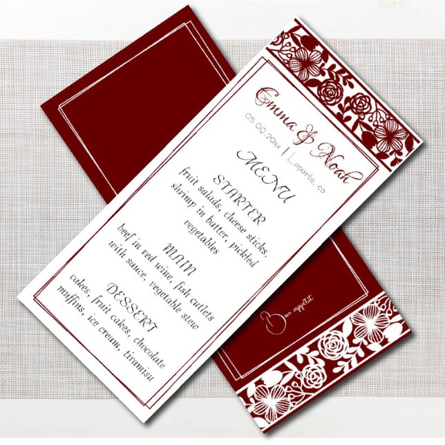 Elegante Maroon-Burgundy Wedding Dinner Menu Card Menükarte (Von Creator hochgeladen)