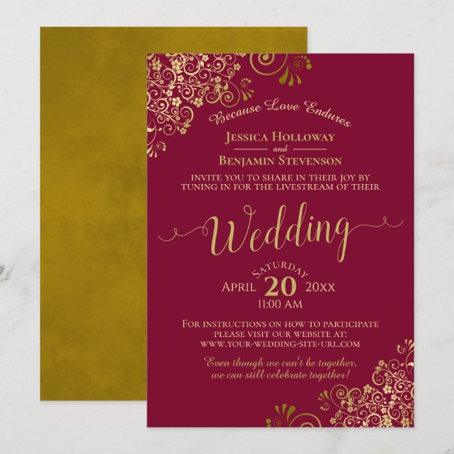 Elegante Maroon & Gold Virtual Wedding Livestream Einladung (Vorne/Hinten)